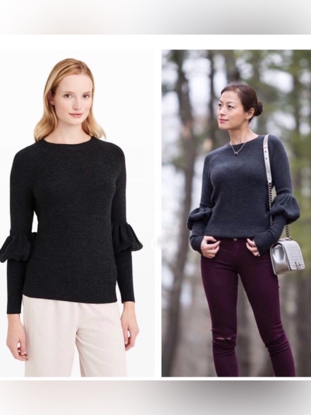 Club Monaco Dark Gray Puff Sleeve Wool Knit Sweater Textured Crewneck Size Small